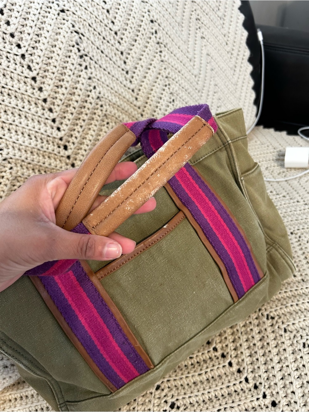Tory Burch Olive Canvas Tote with Pink & Purple Stripe Handles - Picture 10 of 10